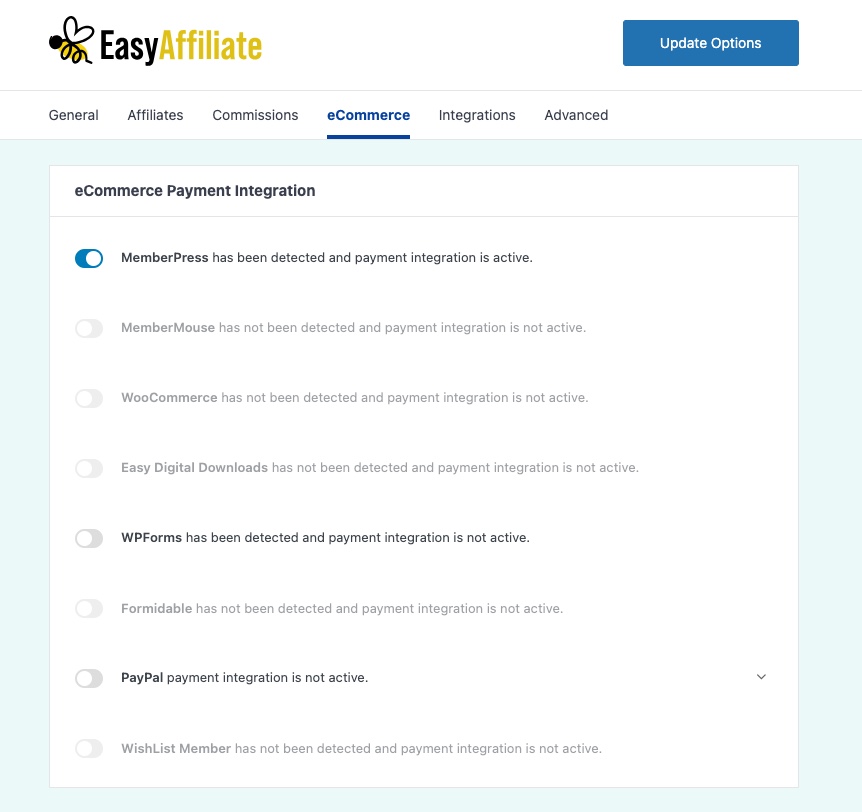 Screenshot of Easy Affiliate ecommerce integrations