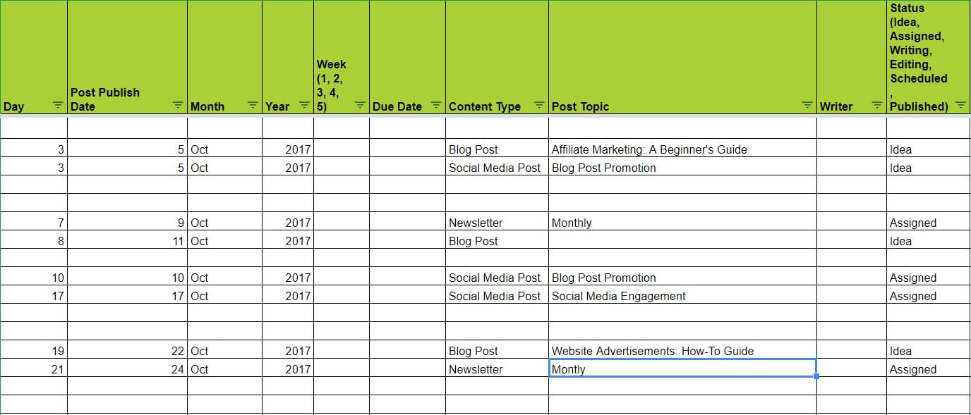 An example of an editorial calendar