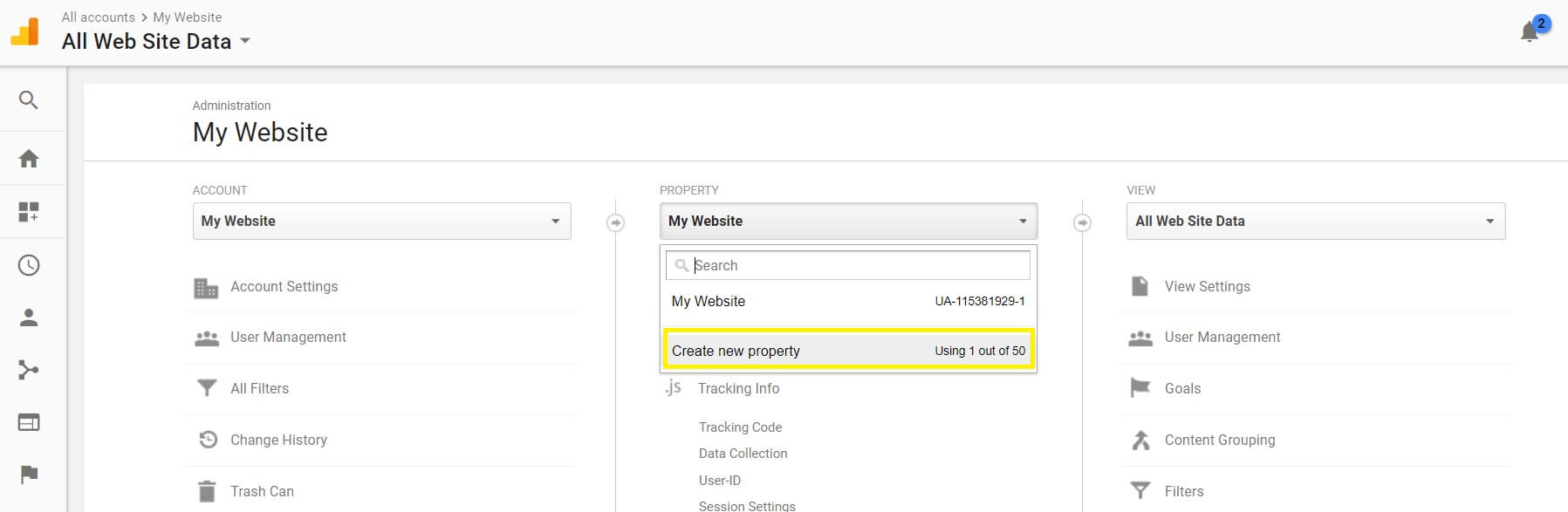 Google Analytics Create new property option