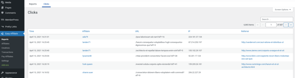 Easy Affiliate clicks report