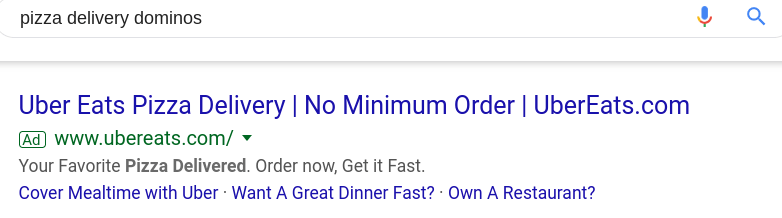 An Uber Eats PPC ad for Domino's pizza delivery.