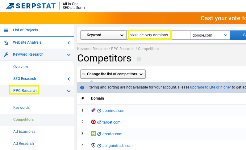 Serpstat competitor analysis results.