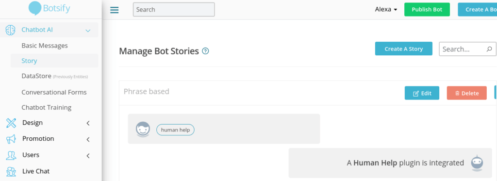 Botsify Story settings on dashboard.