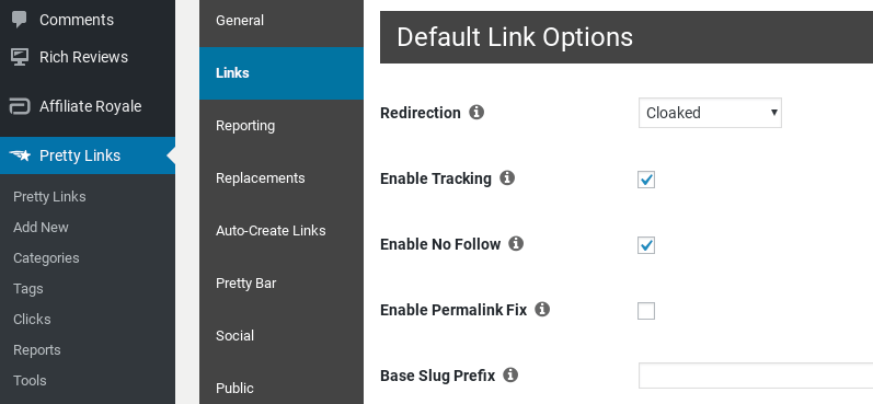 Pretty Link options in WordPress.