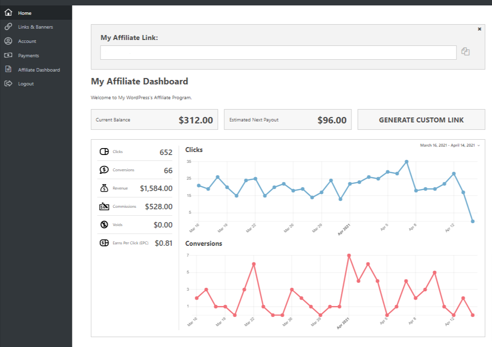 Easy Affiliate Affiliate Dashboard View