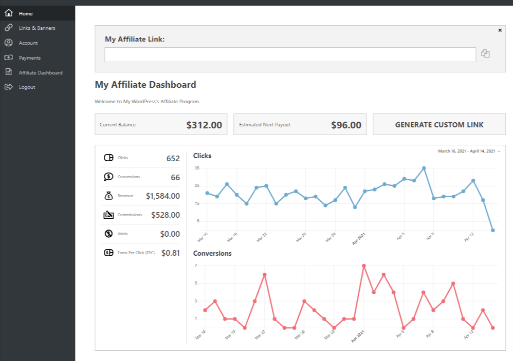 Easy Affiliate - Affiliate Dashboard View 