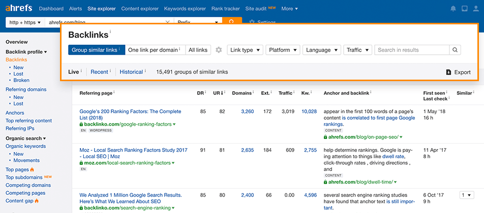 Ahrefs backlink report