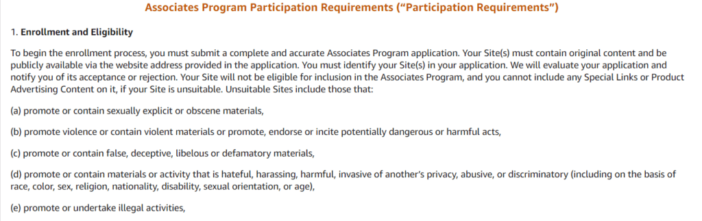 An excerpt of the Amazon Associates terms and conditions