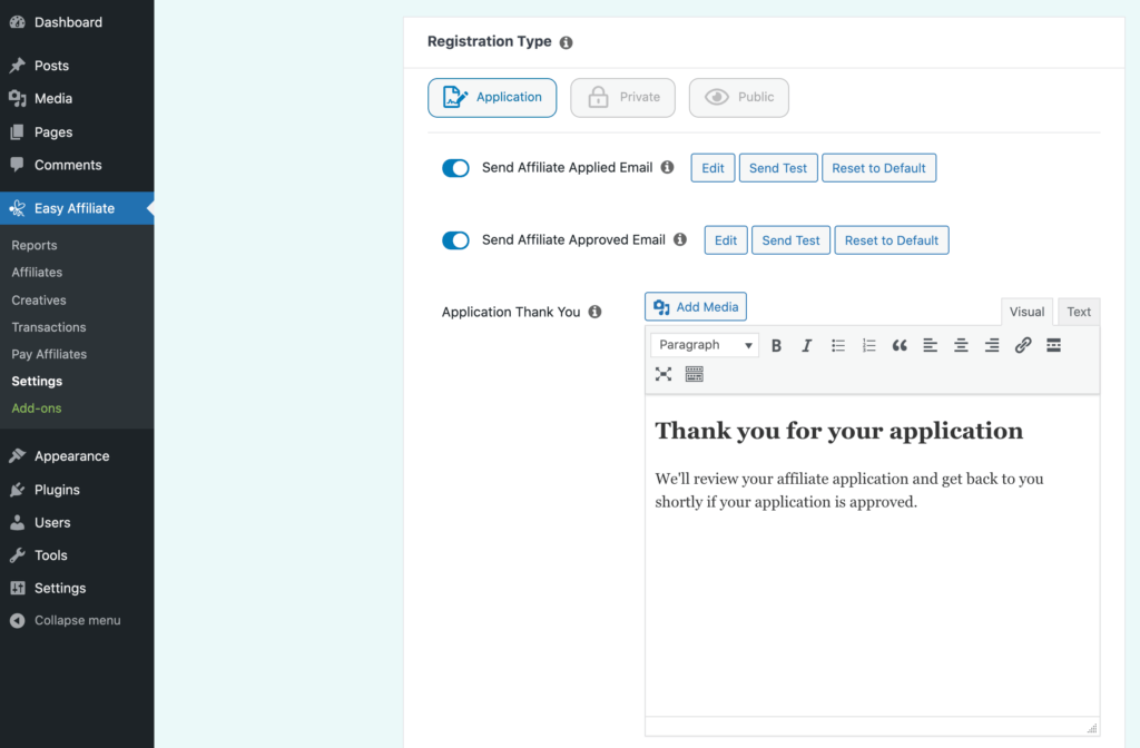 The Easy Affiliate affiliate application process settings.