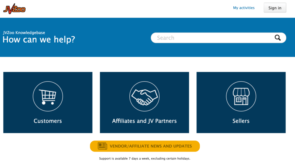 The JVZoo support portal. 