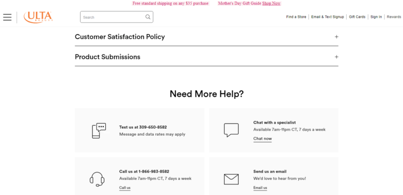 Ulta contact page options