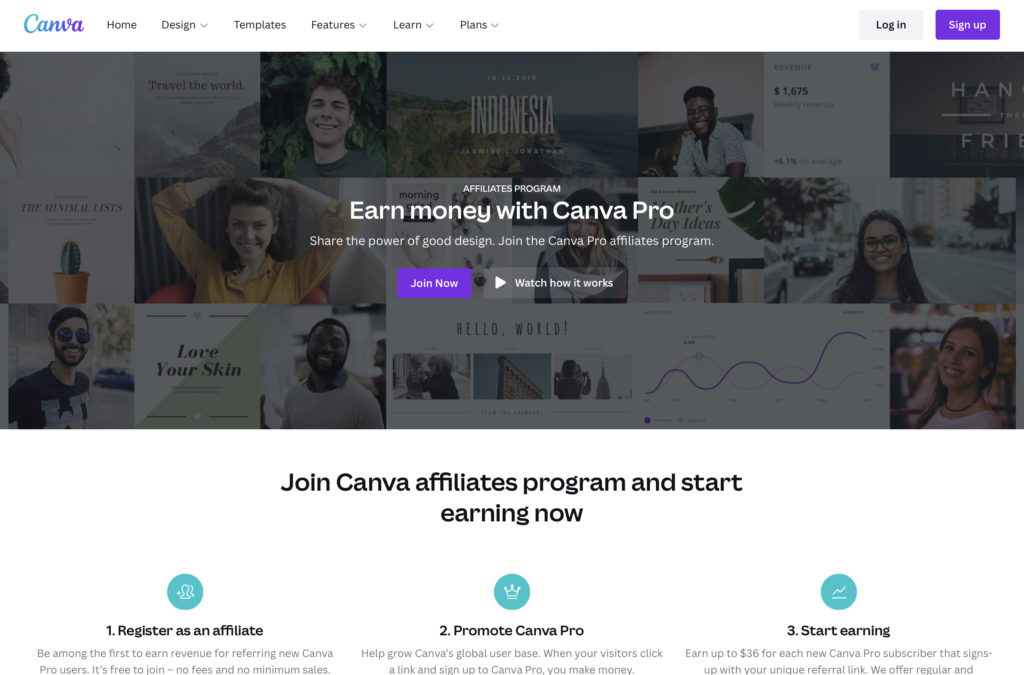 Image of Canva affiliate program main webpage.