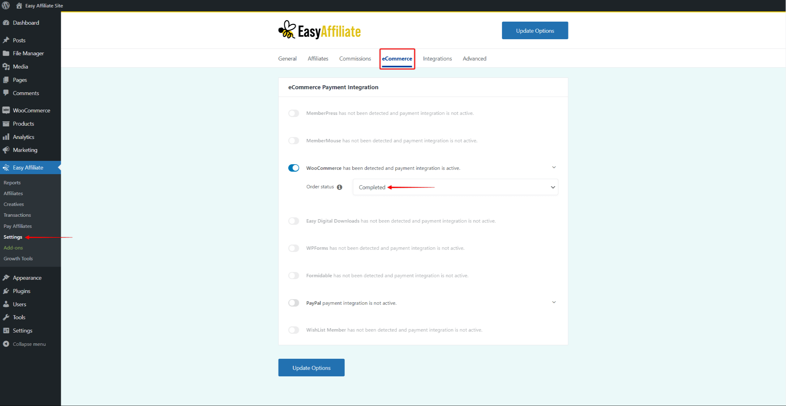 EasyAffiliate - WooCommerce integration settings